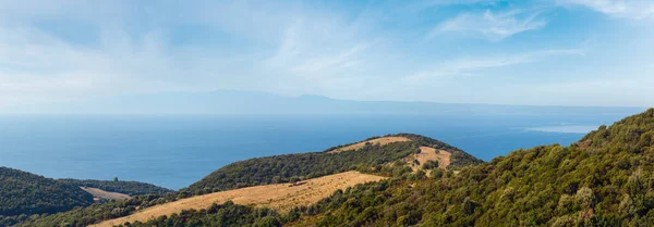 Beautiful Summer Seascape Wooded Coast View Athos Peninsula Sithonia Mist — Stock Photo, Image