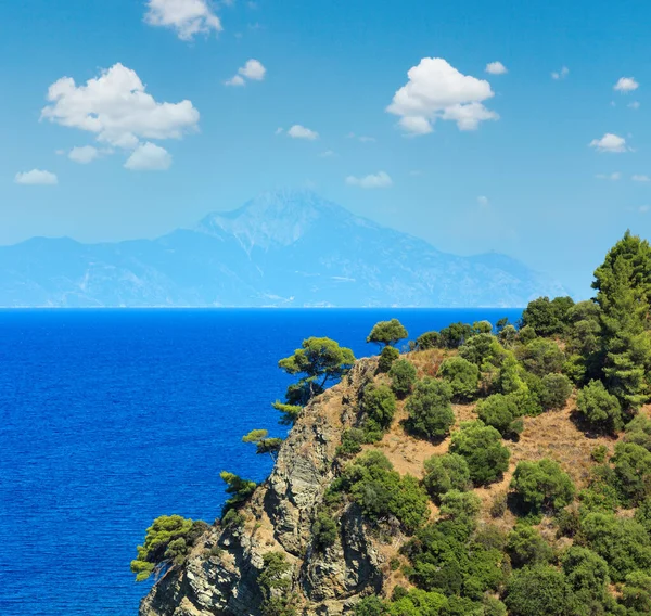 Ägäis Küste Sommerlandschaft Und Berg Athos Nebel Chalkidiki Griechenland — Stockfoto