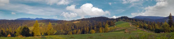 Vista Panorámica Del Verano Prado Pastos Verdes Montañosos Pueblo Slavske —  Fotos de Stock
