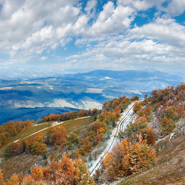 October Carpathian Mountain Plateau First Winter Snow Autumn Colourful Foliage — Stock Photo, Image