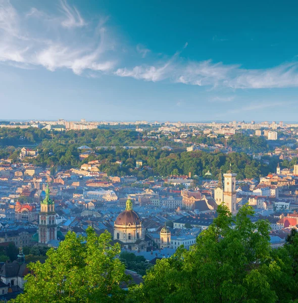 Morning Central Part Lviv City Ukraine Panorama High Castle Hill — Stock Photo, Image