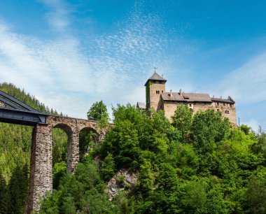 Yaz Alp Trisanna demiryolu Köprüsü Trisanna nehir ve kale Wiesberg, Paznaun Vadisi, Landeck, Tyrol, Avusturya önünde Silvretta yol üzerinde.