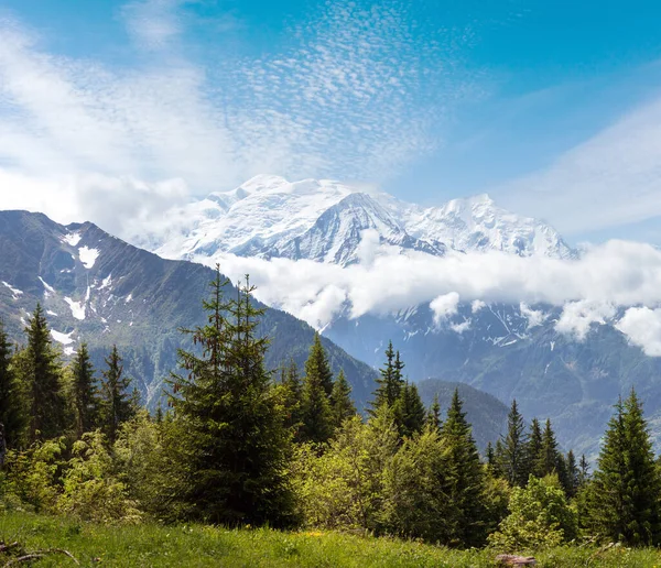 Mont Blanc Bergmassief Vallei Van Chamonix Frankrijk Uitzicht Vanaf Plaine — Stockfoto