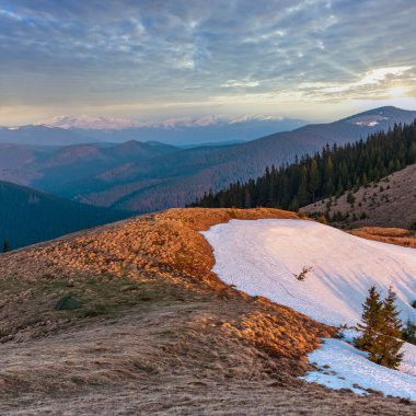 Renkli gündoğumu manzara bahar Karpat Dağları, Ukrayna, Europe. Küçük yalnız çadır yaylada hiking turist. Svydovets içinde çok ridge. 