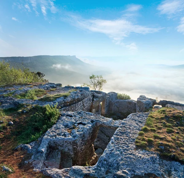 Morgonen Molnigt Utsikt Från Toppen Mangup Kale Historiska Fästningen Och — Stockfoto