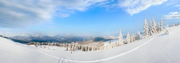 カルパティア山脈 ウクライナの背後にある小屋のグループとマウントの尾根と朝冬の穏やかな山のパノラマ — ストック写真