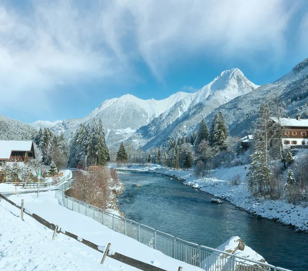 Aldeia Haselgehr Vista Inverno Com Rio Lech Áustria Tirol — Fotografia de Stock