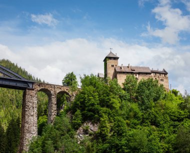 Yaz Alp Trisanna demiryolu Köprüsü Trisanna nehir ve kale Wiesberg, Paznaun Vadisi, Landeck, Tyrol, Avusturya önünde Silvretta yol üzerinde.