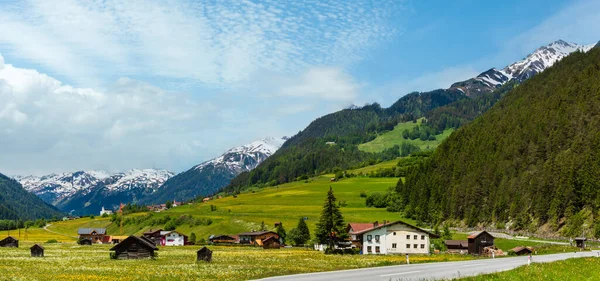 草で覆われた草原と村 オーストリアへの道夏のアルプスの山カントリー ビュー — ストック写真