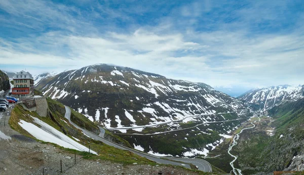 Sommar Molnigt Fjäll Landskap Med Vägen Furka Pass Schweitz Panorama — Stockfoto