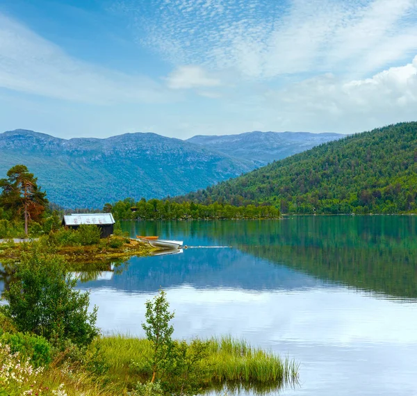 Verano Nublado Otta Fiordo Costa Paisaje Noruega —  Fotos de Stock
