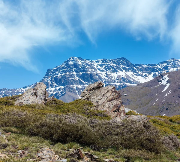 Sommar Berglandskap Med Snö Backen Nationalparken Sierra Nevada Nära Granada — Stockfoto
