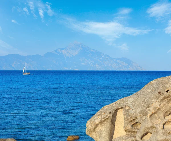 Mare Egeo Paesaggio Costiero Monte Athos Nella Nebbia Vista Orange — Foto Stock