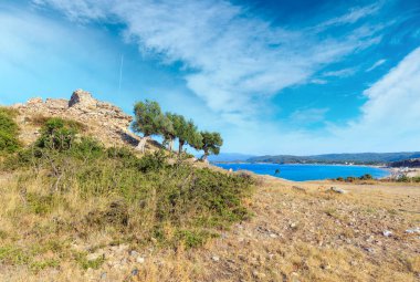 Trani Ammouda beach (Ormos Panagias, Halkidikya, Yunanistan ile yaz deniz Üstten Görünüm).