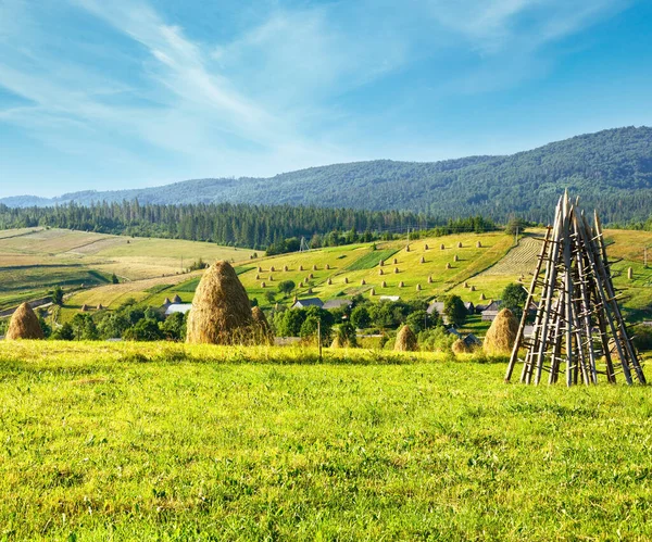 Summer Mountain Village Outskirts Haystacks Field Cárpatos Ucrânia — Fotografia de Stock