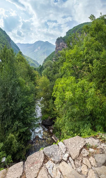 夏山乡村景色从Elenski Skok古代小石桥俯瞰溪流之上的深谷 距欧洲德巴镇不远处的马其顿北部 — 图库照片
