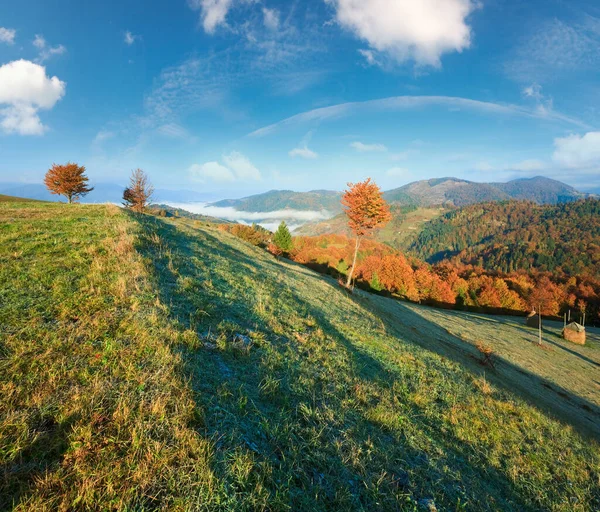 Herbst Neblig Morgendlichen Hügel Mit Heuhaufen Mighgirya Dorf Stadtrand Karpaten — Stockfoto