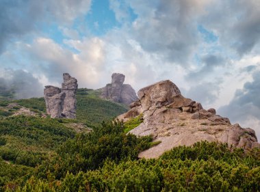 Büyük taşlı kayalarla dolu yaz lık dağ sırtı. Rüzgar, az bulutlu ve sisli. Karpat, Chornohora, Vuhatyj Kaminj, Ukrayna.