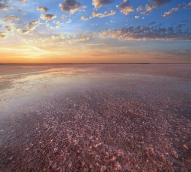 Genichesk Pembesi üzerinde gün batımı son derece tuzlu göl (kristal tuz kalıntılarıyla mikro algler tarafından renklendirilmiş), Ukrayna.