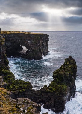 Doğu İzlanda, Snaefellsnes yarımadası, Svortuloft Deniz feneri yakınlarındaki Manzara Noktası 'ndaki araba gezisine bakın. Muhteşem siyah volkanik kayalık okyanus kıyıları, mağara kemerleri ve kuleleri..