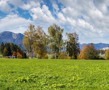 Peaceful autumn Alps mountain lake shore view. Wolfgangsee lake, Salzkammergut, Upper Austria.