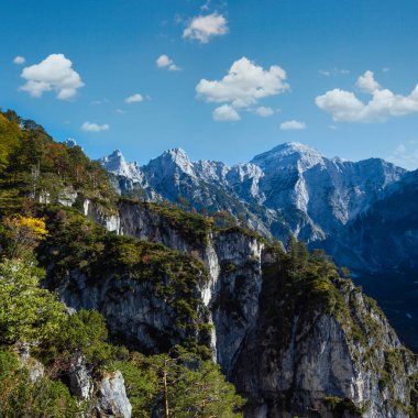 Güneşli, huzurlu, rengarenk sonbahar alp manzarası. Yukarı Avusturya 'daki Almsee Gölü yakınlarındaki yürüyüş yolundan huzurlu kayalık dağ manzarası.