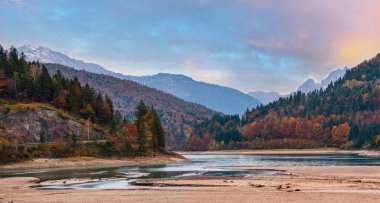 Autumn Alps mountain lake Wiestalstausee view, Salzkammergut, Upper Austria.