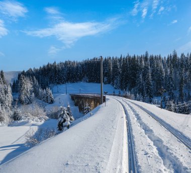 Demiryolu üzerindeki taş viyadük (kemer köprüsü) dağ karlı köknar ormanı boyunca. Karlar yol kenarına sürükleniyor ve ağaçlar ve elektrik kabloları üzerindeki buzlar eriyor..