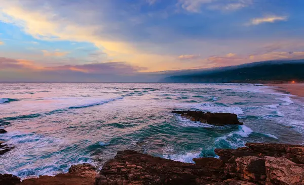 Sunset Summer Atlantic Ocean Rocky Coast Sandy Beach Guincho Portugal — Stock Photo, Image
