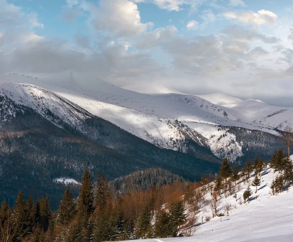 冬雪覆盖风景风景如画的高山山脊 乌克兰 Chornohora 宁静宁静的景色从 Dzembronya 村郊区丘陵 — 图库照片