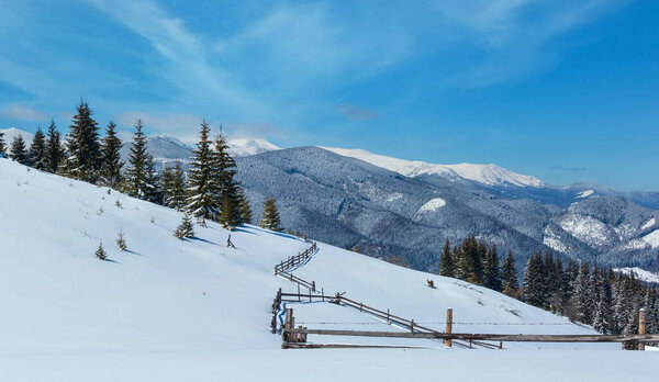 Picturesque winter mountain view from Skupova mountain slope, Ukraine, view to Chornohora ridge and Pip Ivan mountain top with observatory building, Carpathian.