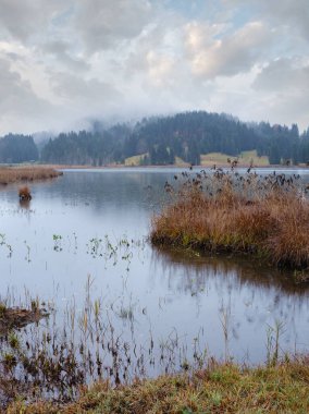 Alp Gölü Geroldee veya Wagenbruchsee, Bavyera, Almanya. Sonbahar bulutlu, sisli ve çiselemeli bir gün. Resimli seyahat, mevsimsel, hava ve kırsal doğa güzellik konsepti.