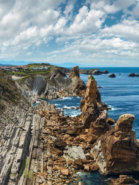 Atlantic Ocean coastline landscape near Arnia Beach (Biskay, Cantabria, Spain).  Two shots stitch image.