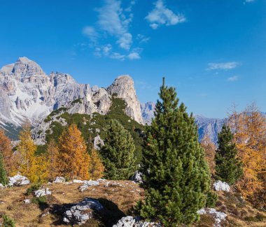 Güneşli resimli sonbahar dağları Dolomitler, Giau Geçidi 'nden Cinque Torri' ye (Beş Sütun veya Kule) kaya ünlü oluşumu, Sudtirol, İtalya.