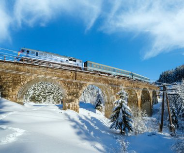 Demiryolu üzerindeki taş viyadük (kemer köprüsü) dağ karlı köknar ormanı boyunca. Karlar yol kenarına sürükleniyor ve ağaçlar ve elektrik kabloları üzerindeki buzlar eriyor..