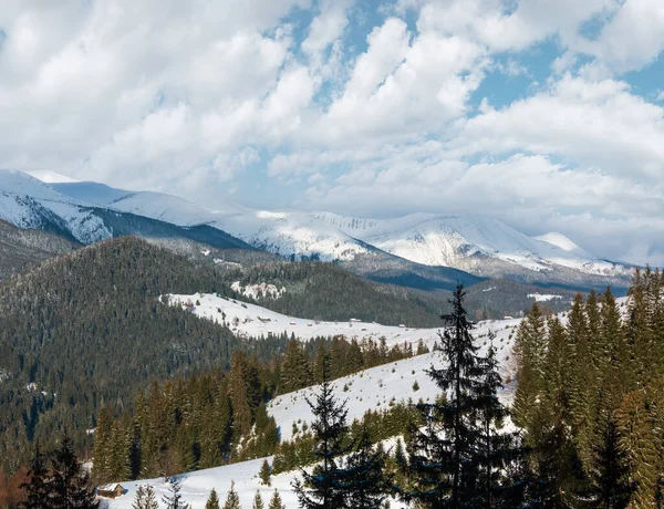 冬雪覆盖风景风景如画的高山山脊 乌克兰 Chornohora 宁静宁静的景色从 Dzembronya 村郊区丘陵 — 图库照片