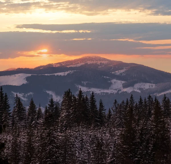 Зимний Закат Вид Сверху Горной Деревни Огненного Леса Впереди Живописная — стоковое фото