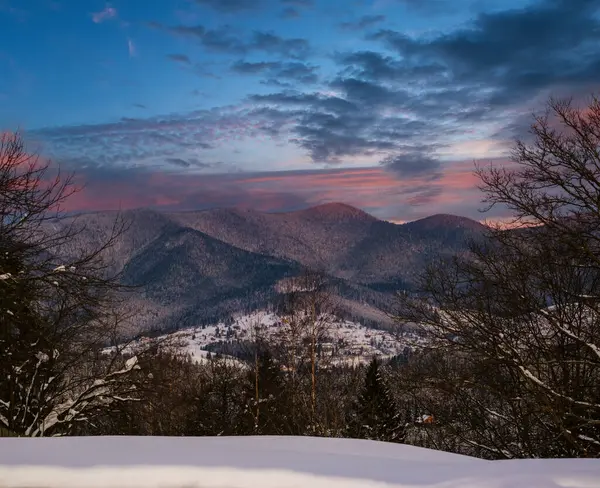 Inverno Pôr Sol Colinas Alpinas Com Vista Para Floresta Abeto — Fotografia de Stock