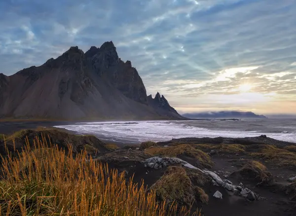 Sunrise Stoksnes Cape Sahili ve Vestrahorn Dağı, İzlanda. İnanılmaz doğa manzarası, popüler seyahat yerleri. Siyah volkanik kum tepelerinde sonbahar otları.