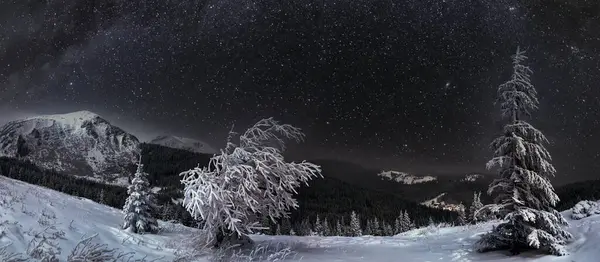 Night Winter Mountain Landscape Full Moon Moonlight House Illuminated Windows — Stock Photo, Image