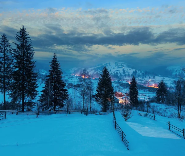 Night Winter Carpathian Mountain Village Zelene Black Cheremosh River Valley — Stock Photo, Image
