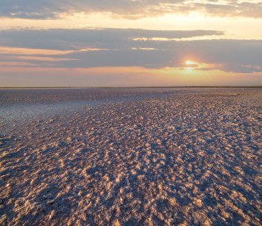Genichesk Pembesi üzerinde gün batımı son derece tuzlu göl (kristal tuz kalıntılarıyla mikro algler tarafından renklendirilmiş), Ukrayna.