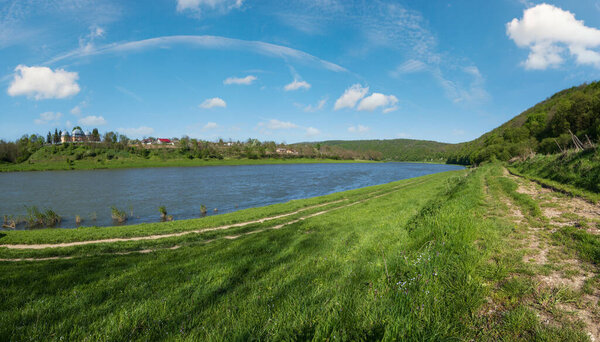 Amazing spring view on the Dnister River Canyon. View from Nezvysko village blossoming river coast
