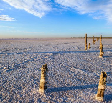 Genichesk Pembesi üzerinde gün batımı son derece tuzlu göl (kristal tuz kalıntılarıyla mikro algler tarafından renklendirilmiş), Ukrayna.