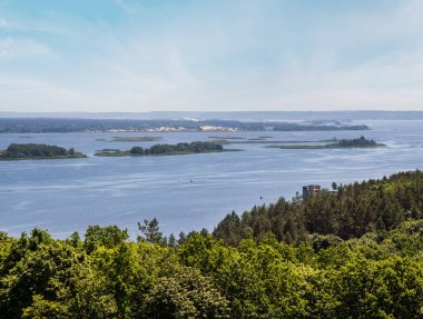 Dnipro Nehri kıyıları yaz manzarası, Kaniv su deposu, Kyiv Bölgesi, Ukrayna.