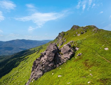Yaz kayalık dağ yamacı. Pikuj Dağı tepesi, Karpatlar, Ukrayna.