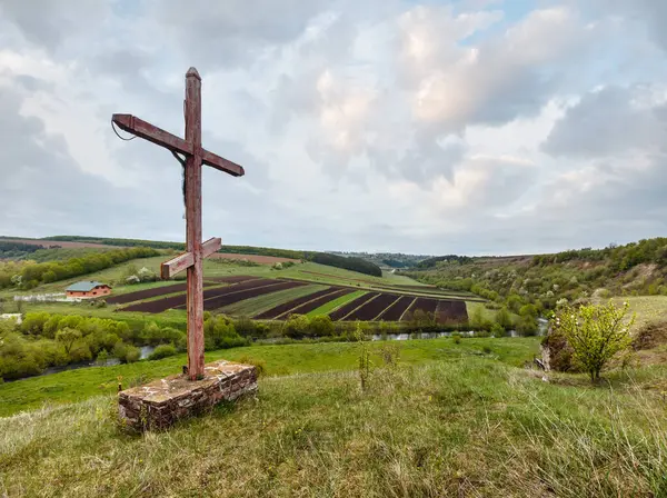 Wooden Christianity Religious Cross Rukomysh Cave Temple Spring Country Fields — Stock Photo, Image