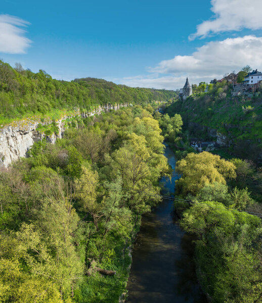 View from Novoplanivskiy Bridge to the Smotrych River Canyon, Kamianets-Podilskyi, one of the most popular towns for travel in Ukraine.