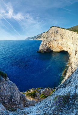 Beautiful summer Ionian Sea rocky coastline with flowers on hill (Lefkada, Greece) clipart