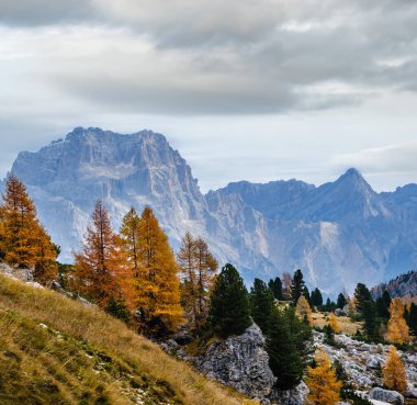 Cloudy morning autumn alpine Dolomites mountain scene. Peaceful view near Valparola and Falzarego Path, Belluno, Italy. Picturesque traveling, seasonal, nature and countryside beauty concept scene. clipart